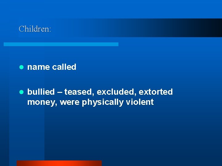 Children: l name called l bullied – teased, excluded, extorted money, were physically violent
