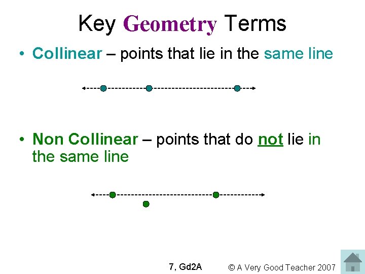 Key Geometry Terms • Collinear – points that lie in the same line •
