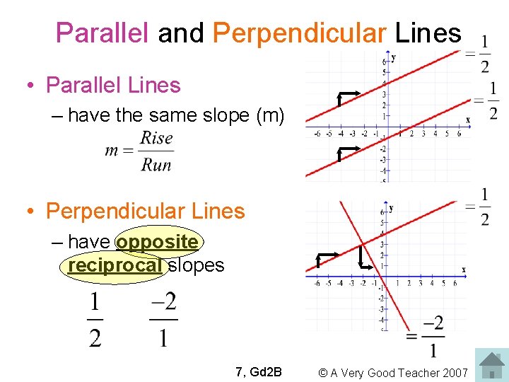 Parallel and Perpendicular Lines • Parallel Lines – have the same slope (m) •