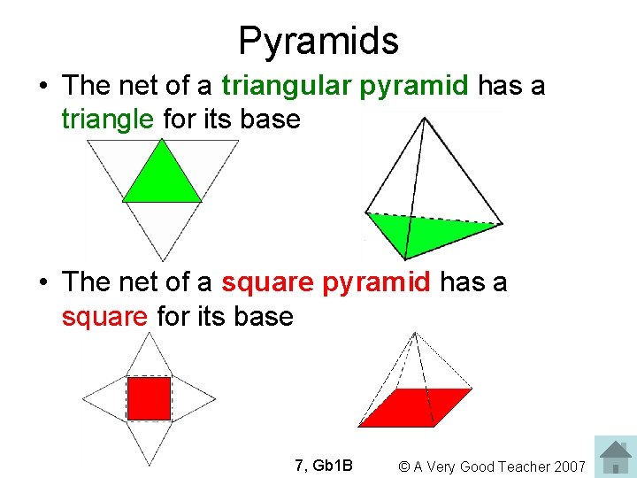 Pyramids • The net of a triangular pyramid has a triangle for its base