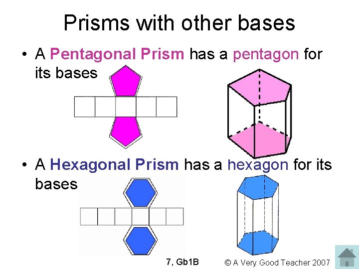 Prisms with other bases • A Pentagonal Prism has a pentagon for its bases