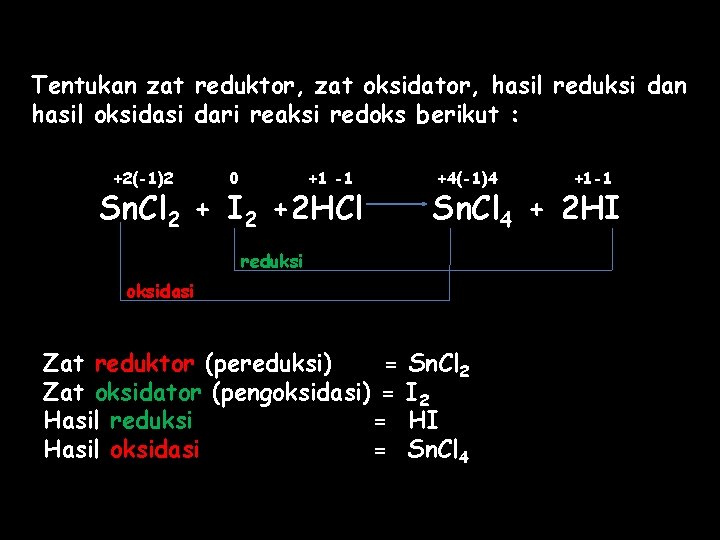 Tentukan zat reduktor, zat oksidator, hasil reduksi dan hasil oksidasi dari reaksi redoks berikut