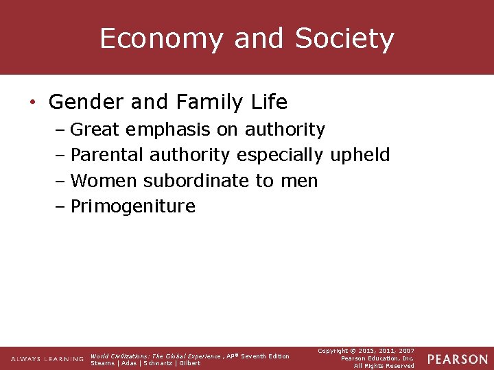 Economy and Society • Gender and Family Life – Great emphasis on authority –