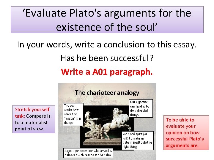 ‘Evaluate Plato's arguments for the existence of the soul’ In your words, write a