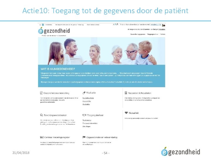 Actie 10: Toegang tot de gegevens door de patiënt 21/04/2018 - 54 - 