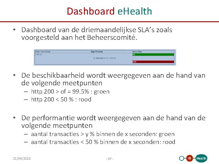 Dashboard e. Health • Dashboard van de driemaandelijkse SLA’s zoals voorgesteld aan het Beheerscomité.