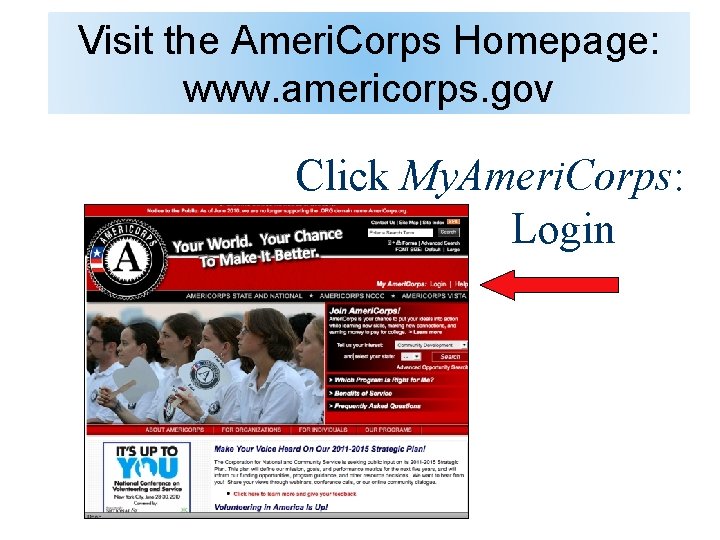 Visit the Ameri. Corps Homepage: www. americorps. gov Click My. Ameri. Corps: Login 