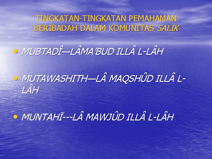 TINGKATAN-TINGKATAN PEMAHAMAN BERIBADAH DALAM KOMUNITAS SALIK • MUBTADÎ—L MA’BUD ILL L-L H • MUTAWASHITH—L