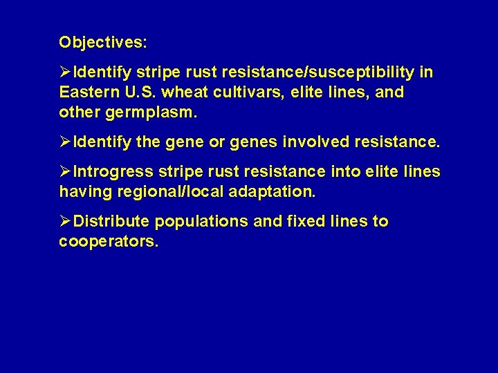 Objectives: ØIdentify stripe rust resistance/susceptibility in Eastern U. S. wheat cultivars, elite lines, and