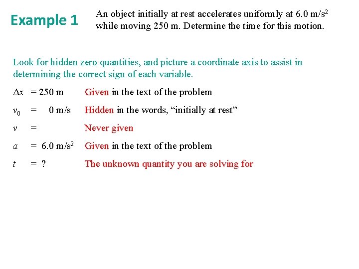 Example 1 An object initially at rest accelerates uniformly at 6. 0 m/s 2