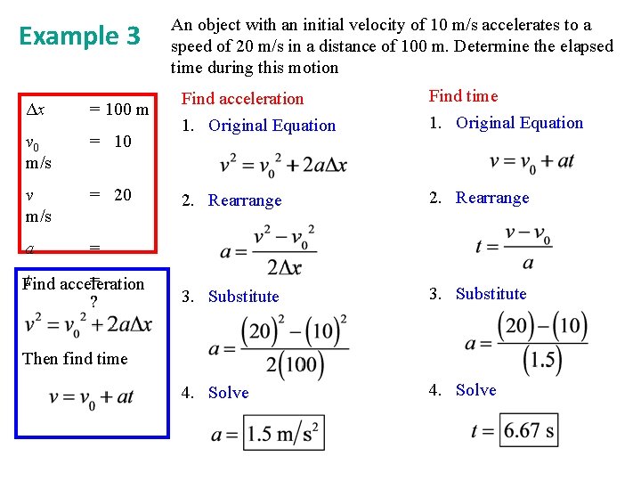 Example 3 Δx = 100 m v 0 m/s = 10 v m/s =