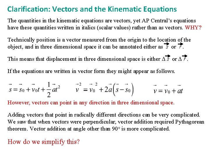 Clarification: Vectors and the Kinematic Equations The quantities in the kinematic equations are vectors,