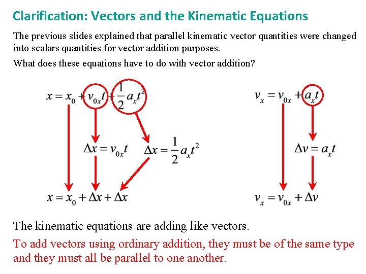 Clarification: Vectors and the Kinematic Equations The previous slides explained that parallel kinematic vector