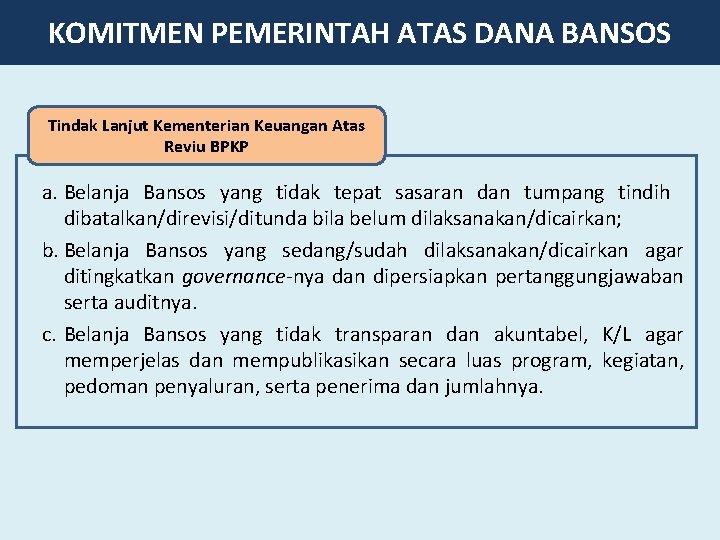 KOMITMEN PEMERINTAH ATAS DANA BANSOS Tindak Lanjut Kementerian Keuangan Atas Reviu BPKP a. Belanja