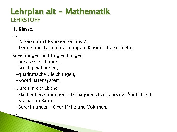 Lehrplan alt - Mathematik LEHRSTOFF 1. Klasse: … -Potenzen mit Exponenten aus Z, -Terme