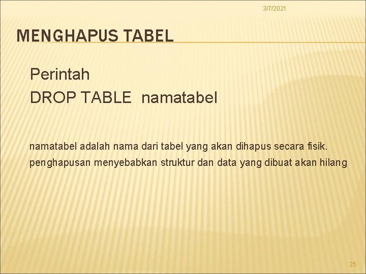 3/7/2021 MENGHAPUS TABEL Perintah DROP TABLE namatabel adalah nama dari tabel yang akan dihapus