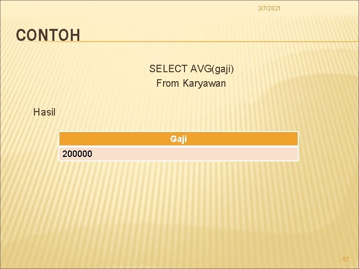 3/7/2021 CONTOH SELECT AVG(gaji) From Karyawan Hasil Gaji 200000 57 