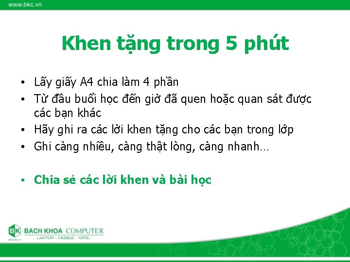 Khen tặng trong 5 phút • Lấy giấy A 4 chia làm 4 phần