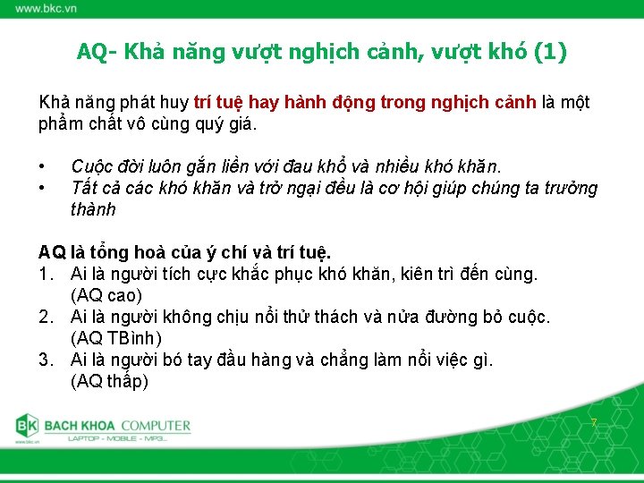 AQ- Khả năng vượt nghịch cảnh, vượt khó (1) Khả năng phát huy trí