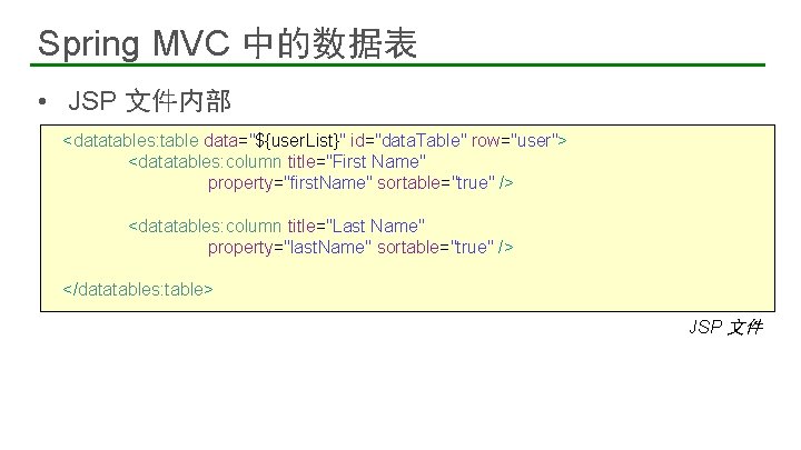 Spring MVC 中的数据表 • JSP 文件内部 <datatables: table data="${user. List}" id="data. Table" row="user"> <datatables: