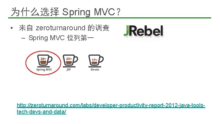 为什么选择 Spring MVC？ • 来自 zeroturnaround 的调查 – Spring MVC 位列第一 http: //zeroturnaround. com/labs/developer-productivity-report-2012