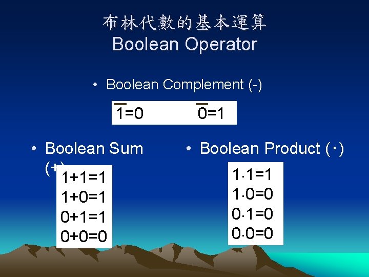 布林代數的基本運算 Boolean Operator • Boolean Complement (-) 1=0 • Boolean Sum (+) 1+1=1 1+0=1