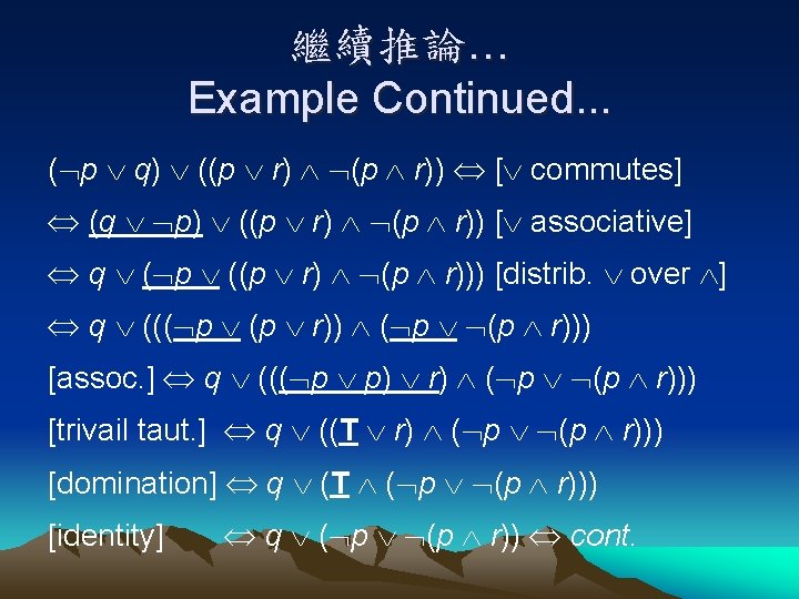 繼續推論… Example Continued. . . ( p q) ((p r) (p r)) [ commutes]