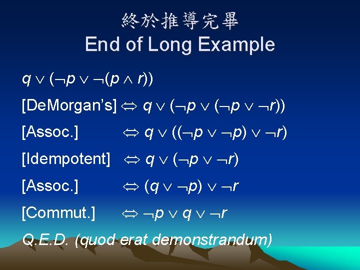 終於推導完畢 End of Long Example q ( p (p r)) [De. Morgan’s] q (