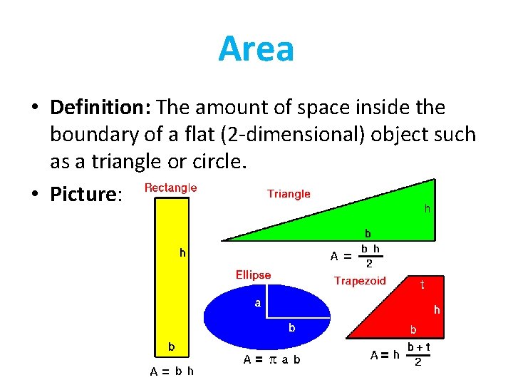 Area • Definition: The amount of space inside the boundary of a flat (2