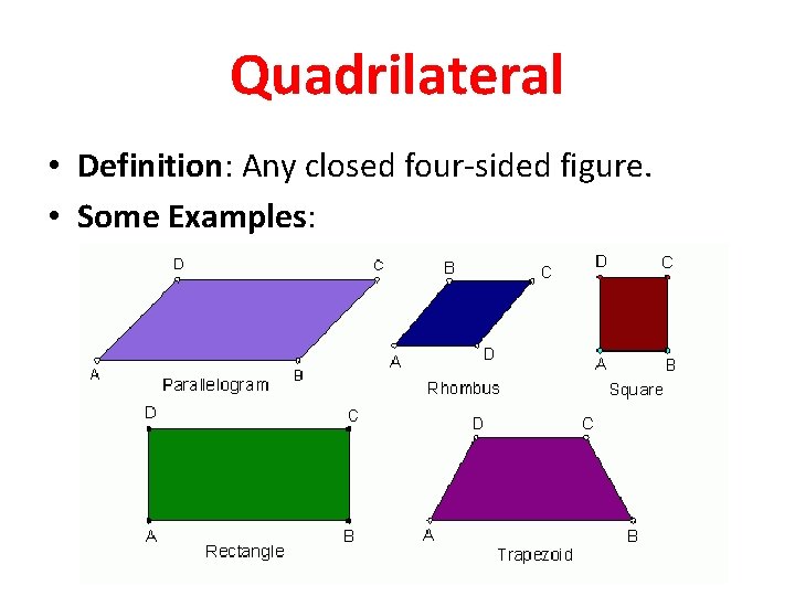 Quadrilateral • Definition: Any closed four-sided figure. • Some Examples: 