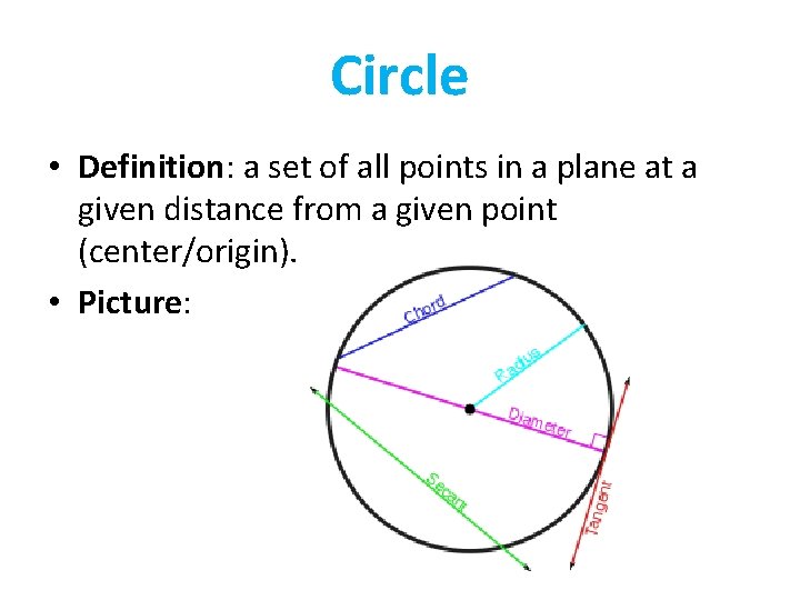 Circle • Definition: a set of all points in a plane at a given