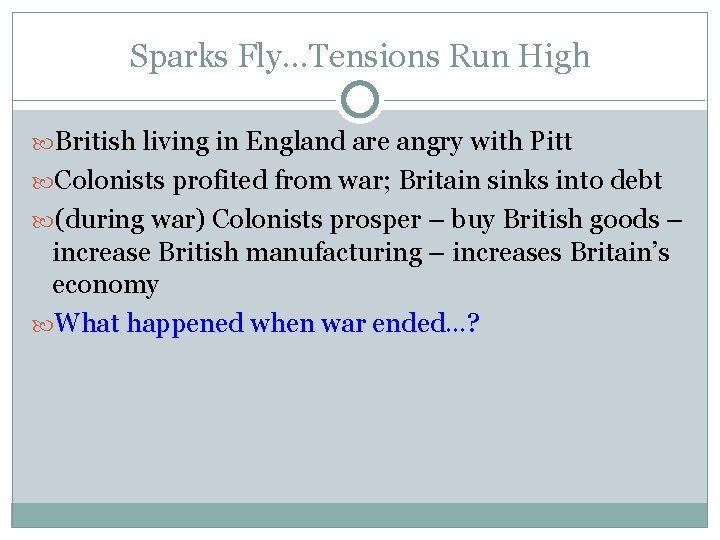 Sparks Fly…Tensions Run High British living in England are angry with Pitt Colonists profited