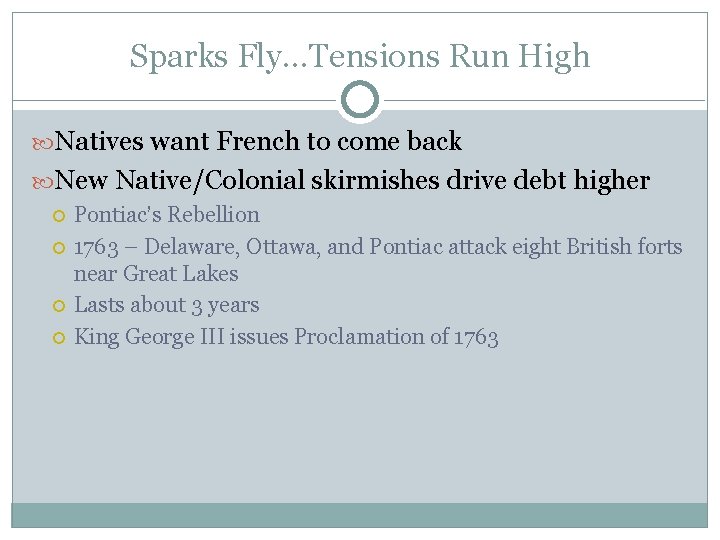 Sparks Fly…Tensions Run High Natives want French to come back New Native/Colonial skirmishes drive