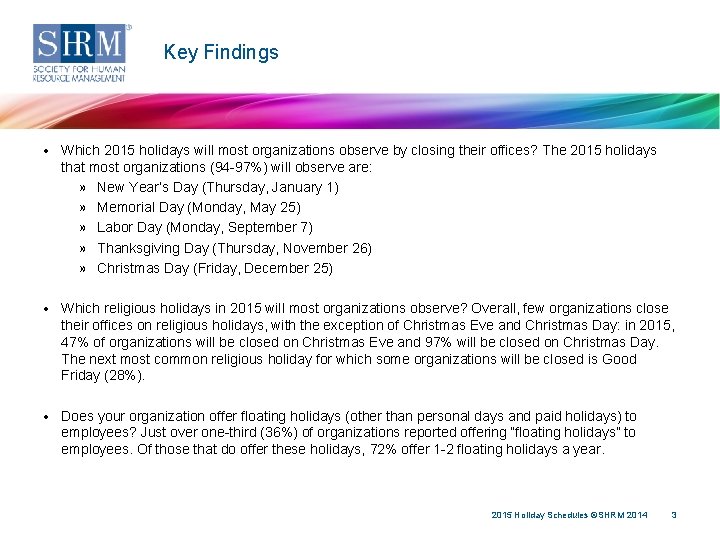 Key Findings • Which 2015 holidays will most organizations observe by closing their offices?