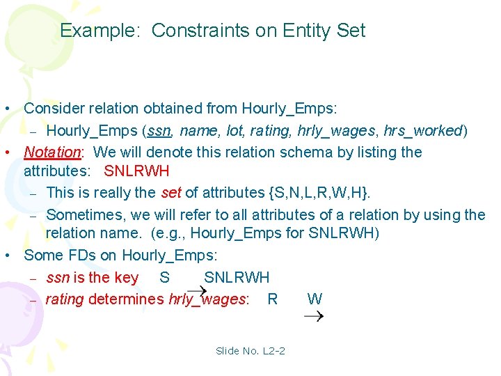 Example: Constraints on Entity Set • Consider relation obtained from Hourly_Emps: – Hourly_Emps (ssn,