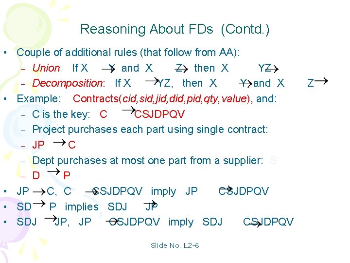 Reasoning About FDs (Contd. ) • Couple of additional rules (that follow from AA):