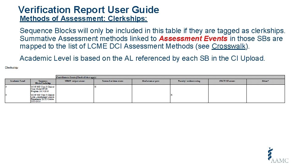 Verification Report User Guide Methods of Assessment: Clerkships: Sequence Blocks will only be included