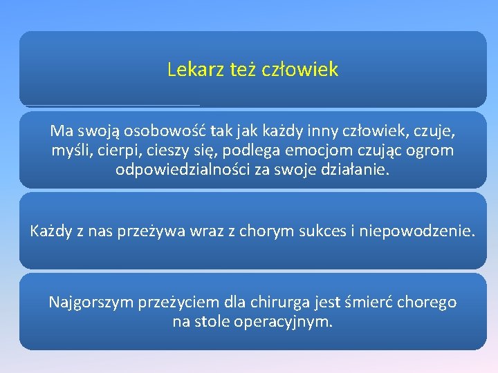 Lekarz też człowiek Ma swoją osobowość tak jak każdy inny człowiek, czuje, myśli, cierpi,