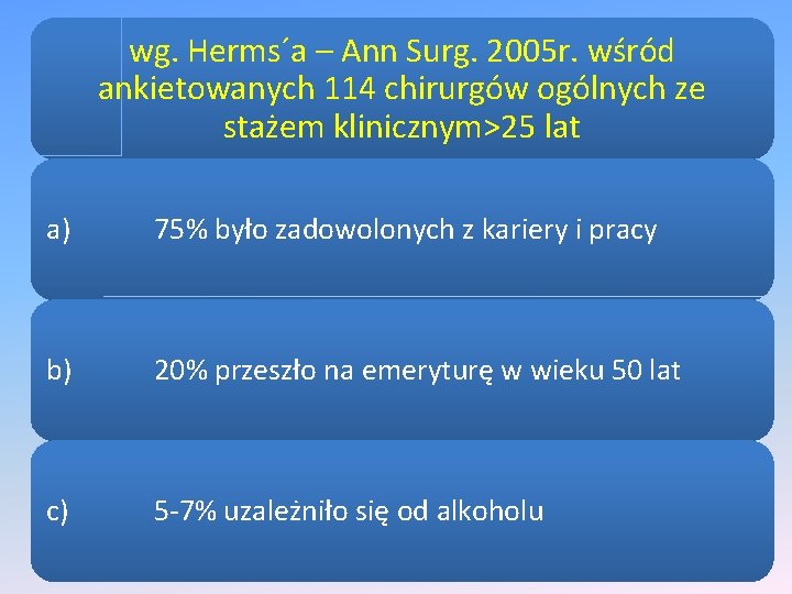 wg. Herms´a – Ann Surg. 2005 r. wśród ankietowanych 114 chirurgów ogólnych ze stażem
