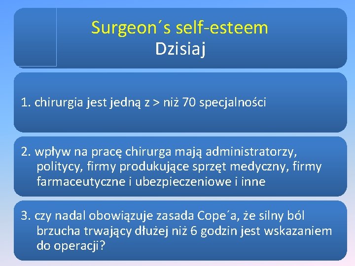 Surgeon´s self-esteem Dzisiaj 1. chirurgia jest jedną z > niż 70 specjalności 2. wpływ