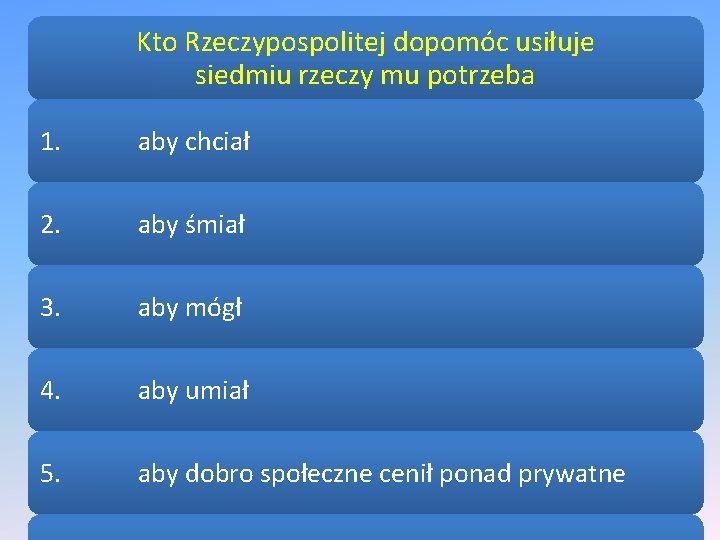 Kto Rzeczypospolitej dopomóc usiłuje siedmiu rzeczy mu potrzeba 1. aby chciał 2. aby śmiał