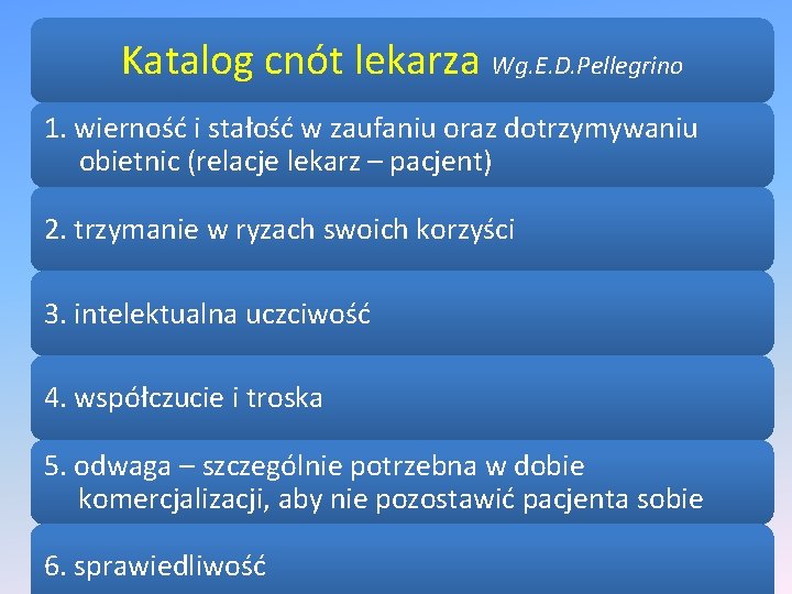 Katalog cnót lekarza Wg. E. D. Pellegrino 1. wierność i stałość w zaufaniu oraz