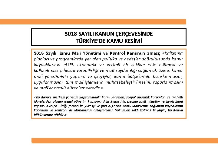 5018 SAYILI KANUN ÇERÇEVESİNDE TÜRKİYE’DE KAMU KESİMİ 5018 Sayılı Kamu Mali Yönetimi ve Kontrol