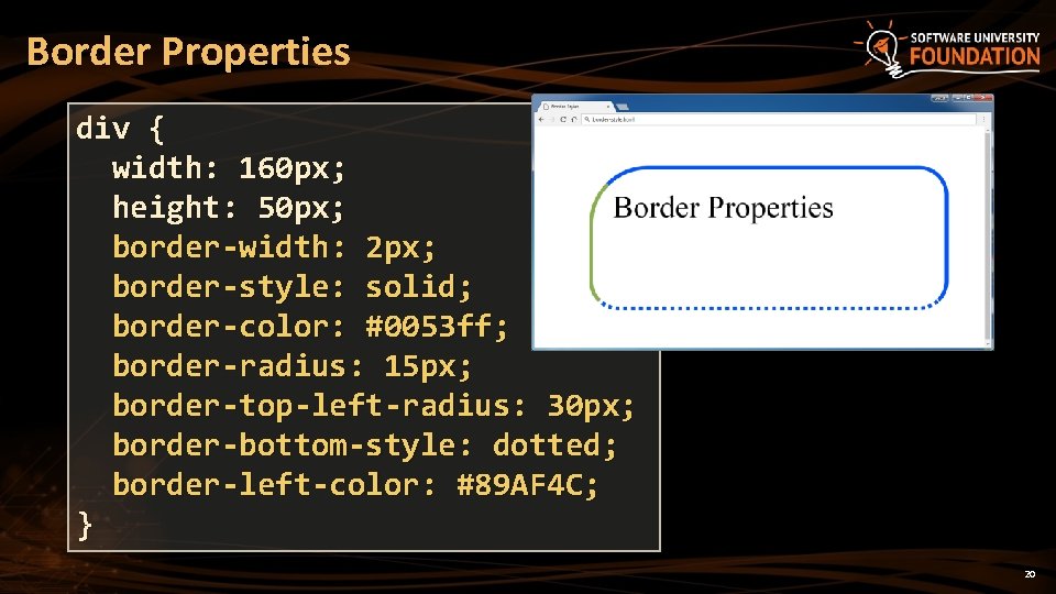 Border Properties div { width: 160 px; height: 50 px; border-width: 2 px; border-style: