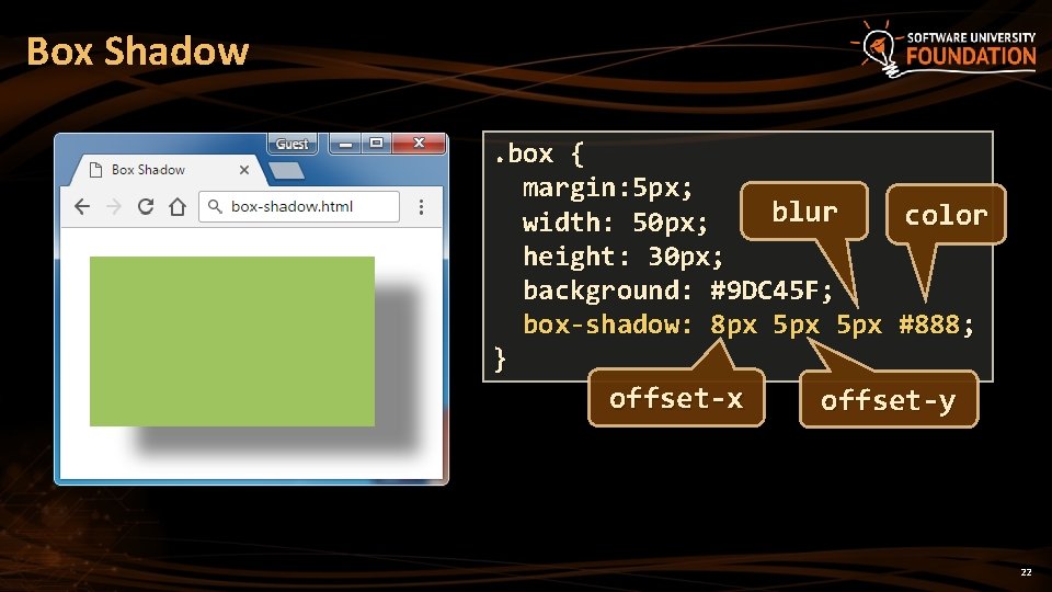 Box Shadow. box { margin: 5 px; blur color width: 50 px; height: 30 Box Shadow. box { margin: 5 px; blur color width: 50 px; height: 30