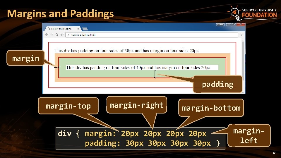 Margins and Paddings margin padding margin-top margin-right margin-bottom div { margin: 20 px padding: Margins and Paddings margin padding margin-top margin-right margin-bottom div { margin: 20 px padding: