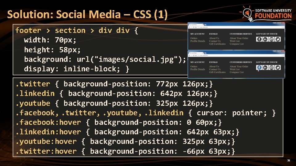 Solution: Social Media – CSS (1) footer > section > div { width: 70 Solution: Social Media – CSS (1) footer > section > div { width: 70
