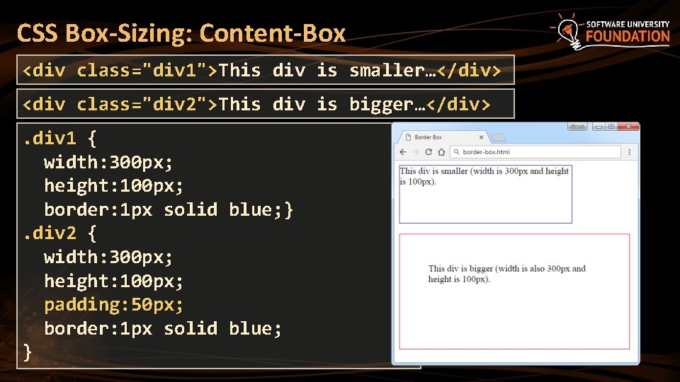 CSS Box-Sizing: Content-Box <div class="div 1">This div is smaller…</div> <div class="div 2">This div is