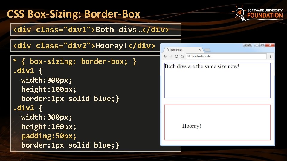 CSS Box-Sizing: Border-Box <div class="div 1">Both divs…</div> <div class="div 2">Hooray!</div> * { box-sizing: border-box;