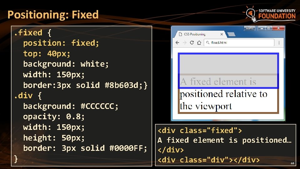 Positioning: Fixed. fixed { position: fixed; top: 40 px; background: white; width: 150 px; Positioning: Fixed. fixed { position: fixed; top: 40 px; background: white; width: 150 px;